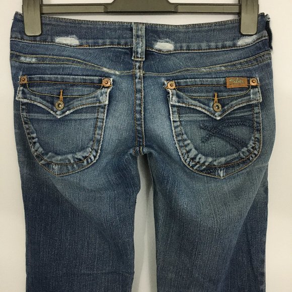 Silver Jeans Denim - Silver Jeans Womens 26/32 Medium Wash Pioneer Distressed Low Rise Flare Jeans